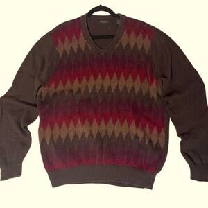 Vintage Y2K Dad Sweater Men’s Large Geometric Fall Neutral Earth Tones Argyle